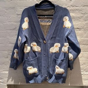 Lamb woven cardigan blue white sheep sz L